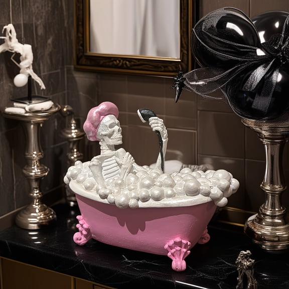 [Halloween Skeleton] Halloween horror skeleton in pink bathtub | spooky bathroom decoration, dark art statue with gold chain, exquisite skull crafts, perfect for gag gifts and surprise parties