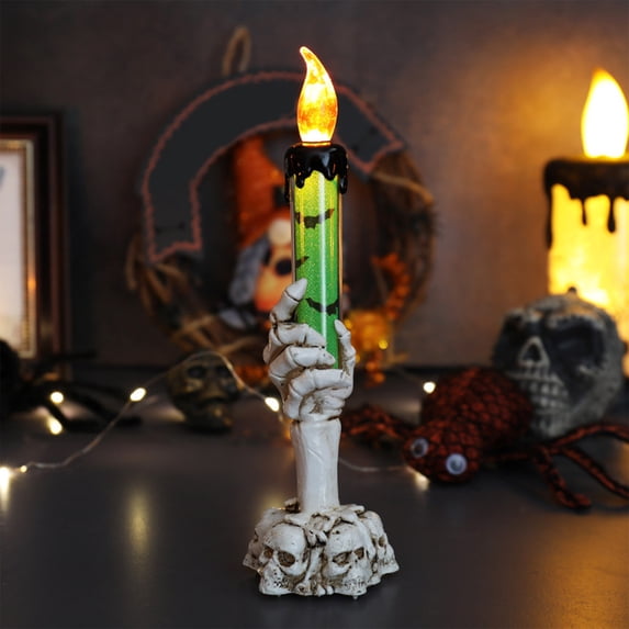 Halloween Skeleton Hand Candle Holder, Battery Operated Flameless LED Resin Table Decor Lamp, Spooky Ghost Hand Ornament for Home Mantel Party Night Light