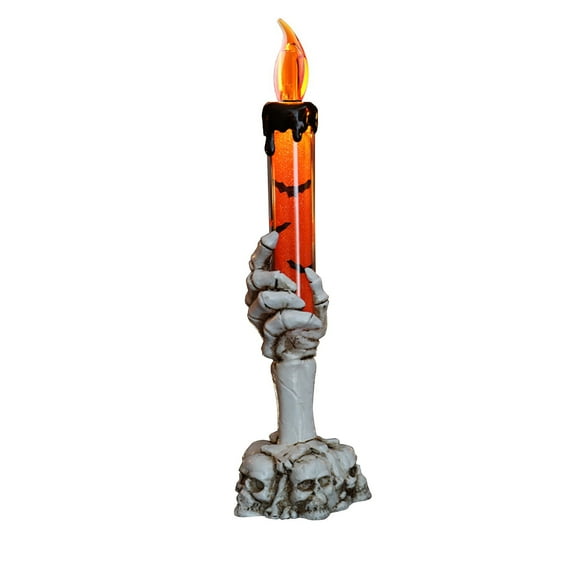 Halloween Skeleton Hand Candle Holder with Skull Base, Gothic Decor, LED Flame Light, Spooky Table Centerpiece