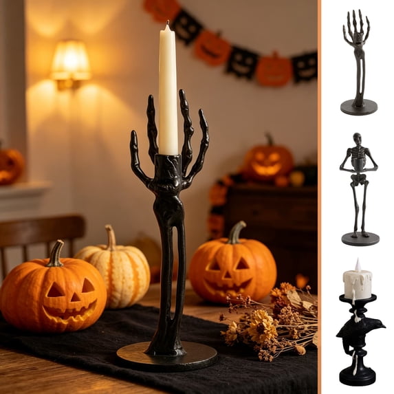 Halloween Skeleton Hand Candlestick, Macabre Ambience Home Decor Candle Holder for Desk, Mantel, Table Centerpiece, Halloween Party Decoration