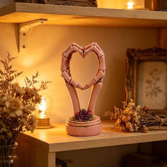 Halloween Skeleton Hand Figurine, 8.27 Inch Resin Heart Hand Ornament for Table and Shelf Decor, Pink