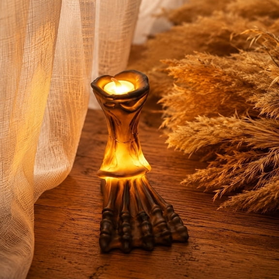 Halloween Skeleton Hand Flameless LED Candle,Creepy Spooky Glowing Bone Claw Tealight Holder for Tabletop,Gothic Party,Mantel,Home Decor