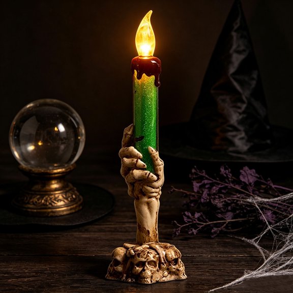 Halloween Skeleton Hand Holding LED Candle Light Skull Base Flameless Battery-Operated Flickering Lamp for Party Decor and Horror Atmosphere(Green)