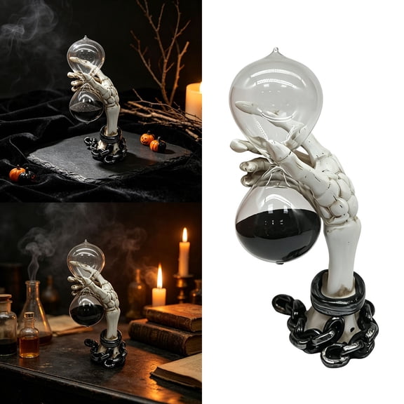 Halloween Skeleton Hand Hourglass Timer - Resin Gothic Sand Clock with Chain Details, Functional Tabletop Decoration for Home Shelf, Mantel, and Spooky Party Ornament