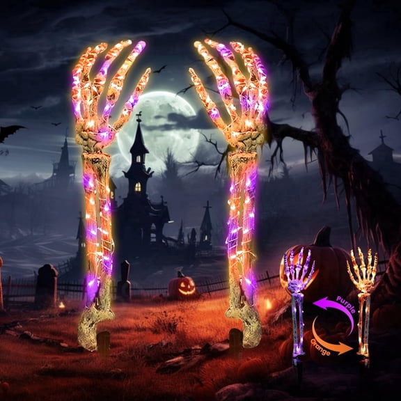 Halloween Skeleton Hand Stakes with LED Lights, 2 Pack Lighted Skeleton Arms Yard Decorations, Battery Operated Waterproof Halloween Graveyard Decor for Outdoor Lawn Garden Pathway