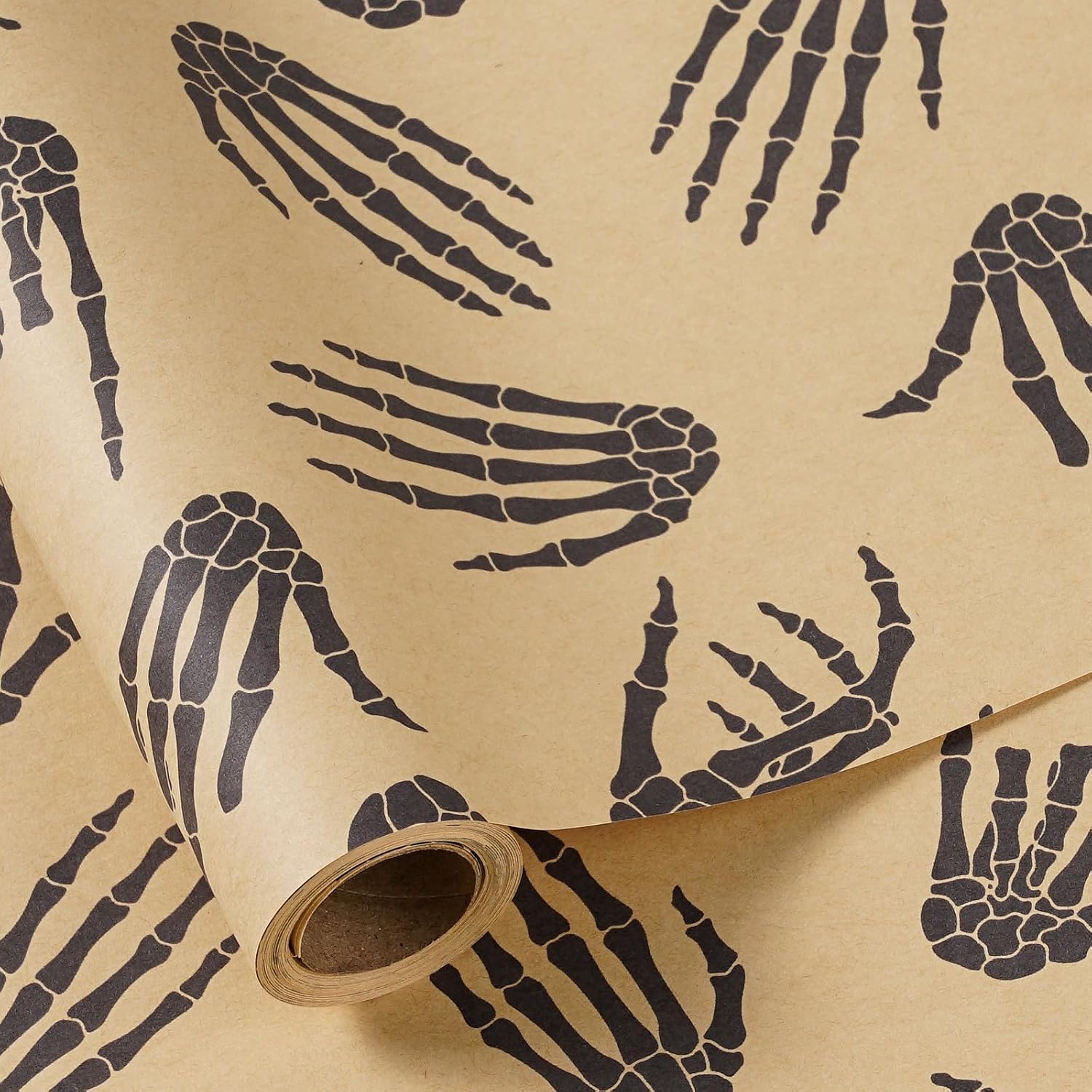 Halloween Skeleton Hand Wrapping Paper Roll, Mini Roll, Black Bone Hand Design, Gothic Kraft Gift Wrap Paper for Spooky Gifts, Halloween Party Favors, Trick or Treat, 17 Inches x 16.4 Feet