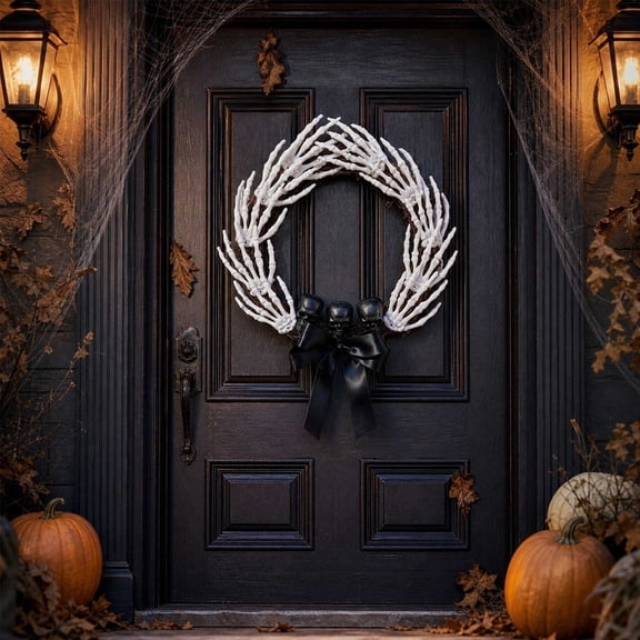 Halloween Skeleton Hand Wreath Gothic Rattan Door Decor Spooky Front Door Wreath 15 Inch