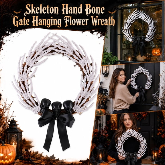 Halloween Skeleton Hand Wreath, Rustic Twig Wreath with White Skeleton Hands Spooky Gothic Door Hanging Decor for Halloween, Haunted House, Front Porch, Yard and Indoor/Outdoor Decorations