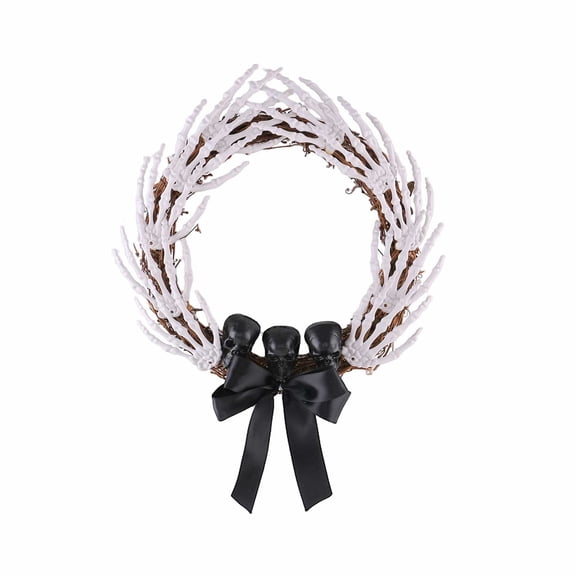 Halloween Skeleton Hand with Bow Wreath, Gothic Rattan Wreath with Black Skulls for Front Door Wall