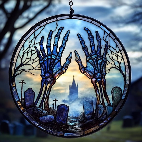 Halloween Skeleton Hands Acrylic Suncatcher, Spooky Faux Stained Glass Window Hanging Decor