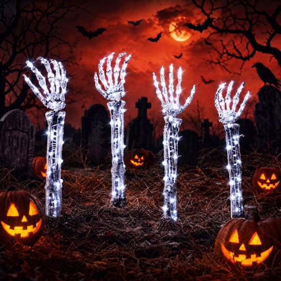 Halloween Skeleton Hands Stake Lights, 2 Pairs, White LED, IP44, 8 Modes, Yard Decor