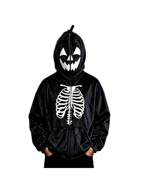 Halloween Skeleton Hoodies for Men, Flannel Zip-up Long Sleeve Loose Fit, Fall Holiday Cozy Party Graphic Jackets S-3XL