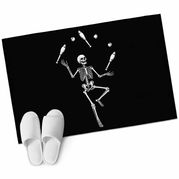 Halloween Skeleton Juggling Bathroom Rug Washable 2x3 Entryway Rug Non Slip Elegant Skull Black Front Door Mat Low Pile Indoor Doormat Throw Floor Carpet for Kitchen Bedroom Entrance