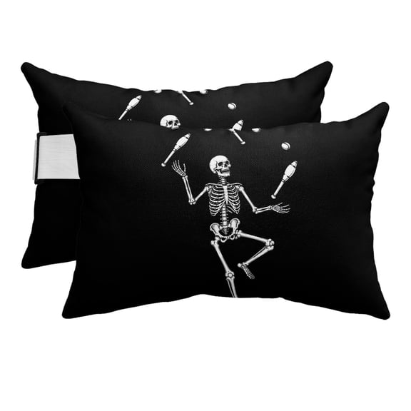 Halloween Skeleton Juggling Outdoor Pillows for Chaise Lounge Chair Beach Headrest Pillow Set of 2 Waterproof Lumbar Pillows with Insert&Adjustable Strap Elegant Skull Black Pool Pillow 12"x20"
