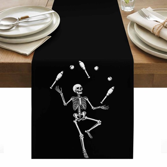Halloween Skeleton Juggling Table Runner Elegant Skull Black Tablerunners 13 x 48 Inch, Table Decorations Tabletop Scarf for Summer Gathering Holiday Farmhouse Kitchen Dining Decor