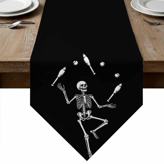 Halloween Skeleton Juggling Table Runner Linen Burlap Table Runner 36 Inches Small Elegant Skull Black Dresser Scarves for Kitchen Island Coffee Dining Room Party Wedding Holiday Decoration 13"x36"