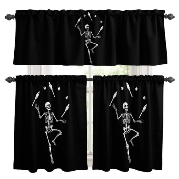 Halloween Skeleton Kitchen Curtains Valances 3 Piece Set, Funny Juggling Skull Circus Theme Black Rod Pocket Tier Curtain and Valance Drapes for Small Window 24 Inch Length for Bedroom Cafe