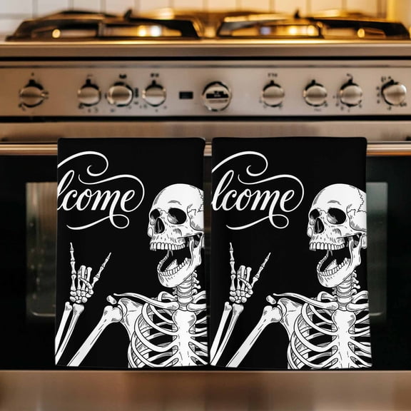 Halloween Skeleton Kitchen Towels Set of 1, Fall Spooky Horror Skull Black Absorbent Dish Towels for Kitchen, Microfiber Hand Towel, Quick Drying Tea Towel for Cleaning Decorative Dishcloths