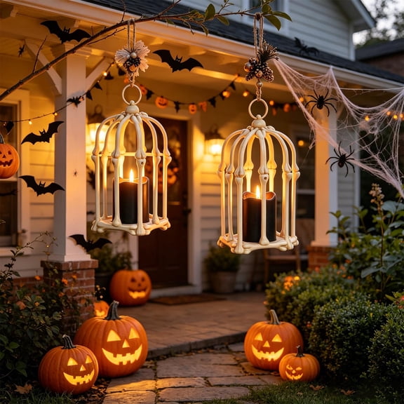 Halloween Skeleton Lantern with LED Electronic Candle Light, Spooky Tabletop Decor for Mantel Shelf Party Centerpiece, Battery Operated