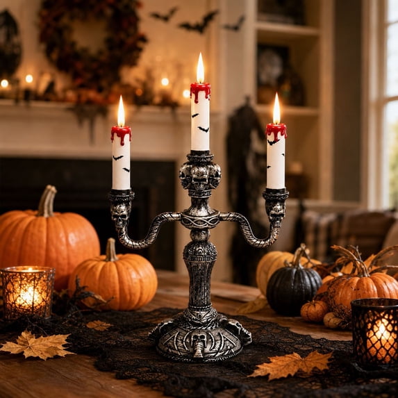 Halloween Skeleton Lighting Candlestick with LED Candle Light, Gothic Skeleton Lighting Candlestick, LED Flameless Skull Lamp