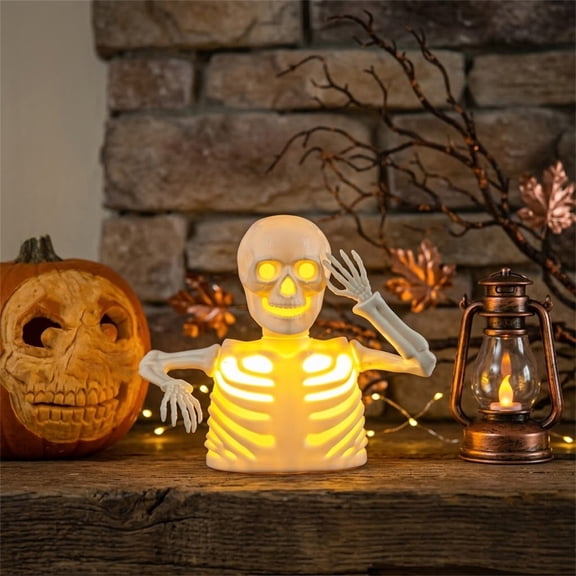 Halloween Skeleton Night Light, LED Glowing Skull Figurine Spooky Tabletop Ornament Battery Operated Decorative Display, Halloween Decor for Home Party Mantel Office Indoor Display