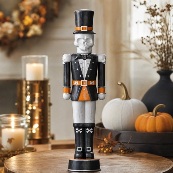 Halloween Skeleton Nutcracker Figurine, 14" Gothic Skull Soldier Resin Statue in Tuxedo & Top Hat for Tabletop Fireplace Decor