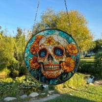 Halloween Skeleton Painted Stained Glass Suncatcher, Window Hanging Decor, Outdoor Sun Catcher, Halloween Decor