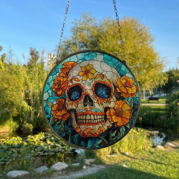 Halloween Skeleton Painted Stained Glass Suncatcher, Window Hanging Decor, Outdoor Sun Catcher, Halloween Decor