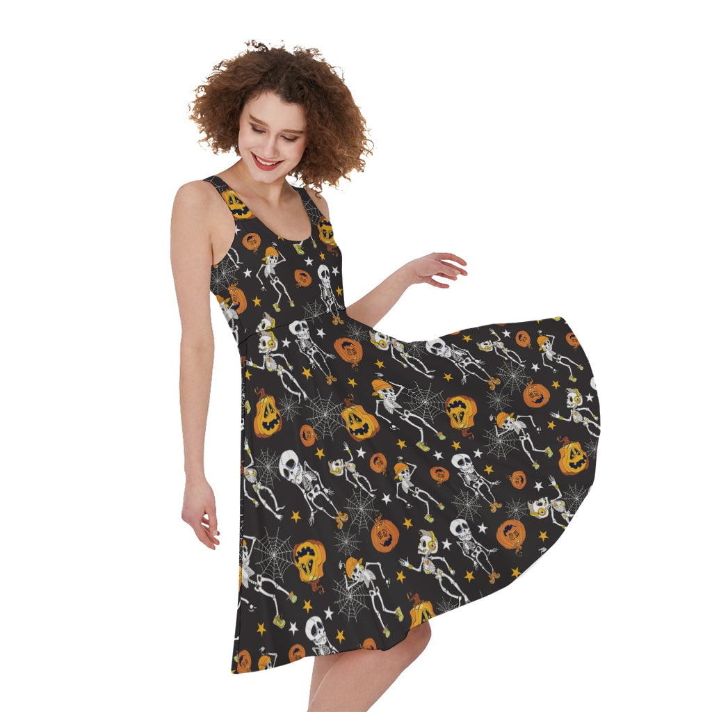 Halloween Skeleton And Pumpkin Print Sleeveless Knee Length Dress,  Halloween Decorative Fashion Summer Maxi Dress For Women - Walmart.com