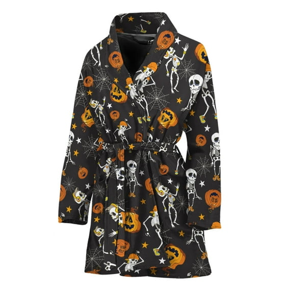 Halloween Skeleton Party Pattern Women Bathrobe One Size Univeral Fits, Halloween Decorative Fashion Lightweight Plush Fleece Long Robe For Women