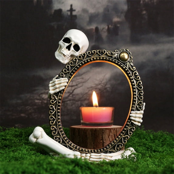 Halloween Skeleton Picture Frame, Spooky Skull & Bone - Festive Haunted House Accent for Displaying Photos, Home & Party Decoration - White