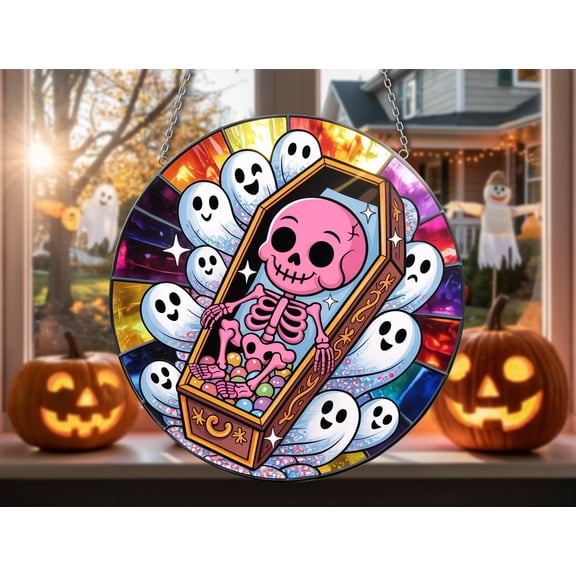 Halloween Skeleton Pink Skeleton in Coffin Stained Glass Painting – Unique Fun Spooky Window Decoration