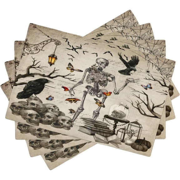Halloween Skeleton Placemats Vintage Country Gothic Dark Raven Misty Spiderweb Placemats Table Kitchen Dining Party 12x18 Inch Set of 4