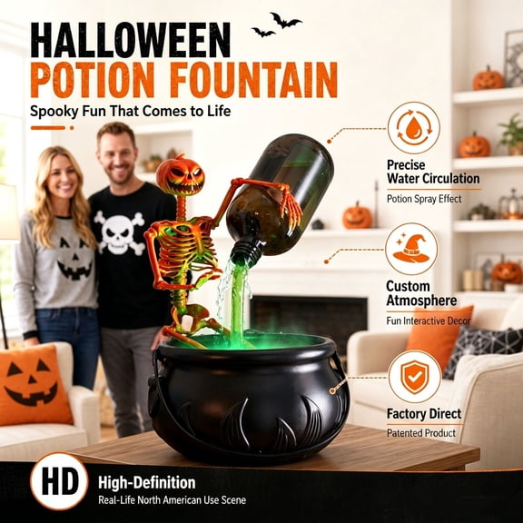 Halloween Skeleton Potion Decorations with Flowing Water and Mist, Desktop Recirculating Lights for Home, Plastic Witch Cauldron and Bottle Set for Party, Living Room, and Mantelpiece Display