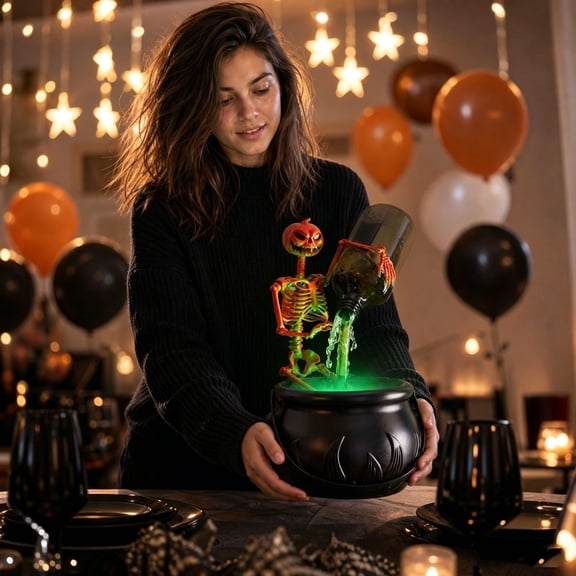 Halloween Skeleton Potion Desktop Recirculating Water Fountain Light, Spooky Magic Potion Ornament with LED, Summer Gothic Decor for Tabletop/Home Bar/Office/Halloween Party Decoration, Colorful