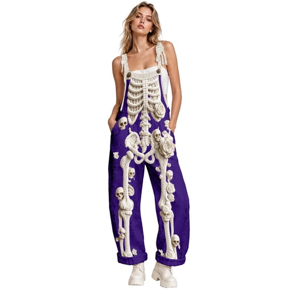 Halloween Skeleton Print Jumpsuit Women Scary Cute Piece Outfit with Adjustable Waist Stretchy Romper