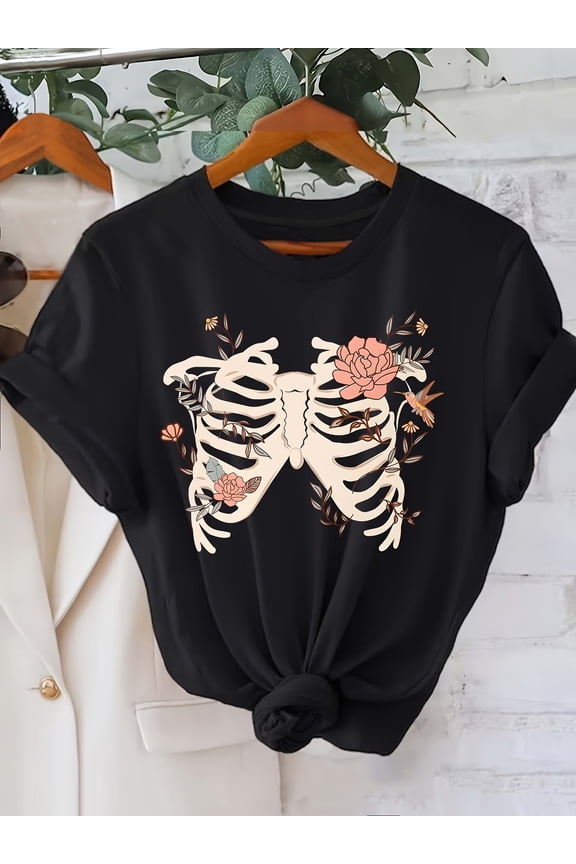 Halloween Skeleton Print T-shirt, Short Sleeve Crew Neck Casual Top For Summer & Spring, Women's Clothing