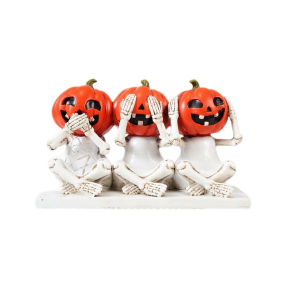 Halloween Skeleton Pumpkin Figurine, Three Wise Monkeys Skull Statue for Tabletop, Shelf, Desk, Bookshelf and Indoor Outdoor Fall Decor, Home Party, Living Room and Mantel