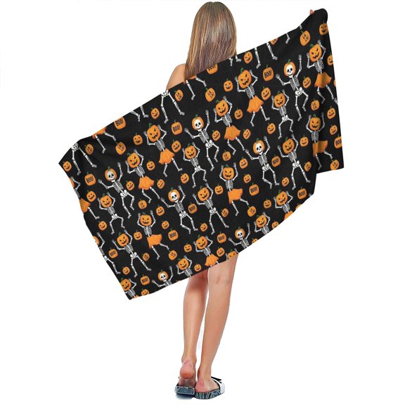 Halloween Skeleton Pumpkin Pattern Microfiber Bath Towel, Double Terry Body Towel, Quick Drying Gifts for Bathroom Beach Gym,27.5" X 55"