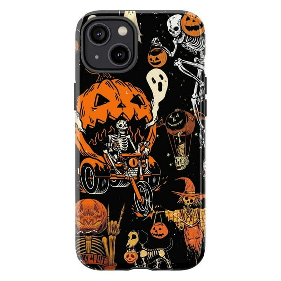 Halloween Skeleton Pumpkin Phone Case, Spooky Ghost Witch iPhone Cover, Retro Gothic Horror Aesthetic Protective Case for iPhone 16 15 14 13 12 11 Pro Max Plus Mini