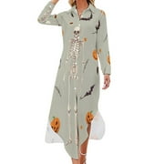 YHX66 Halloween Skeleton Pumpkins Bats Casual Dress V Neck Chiffon Dress Long Sleeve