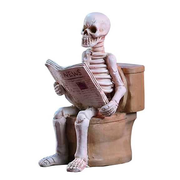 Halloween Skeleton Reading Newspaper On Mini Toilet Resin Figurine Whimsical Gothic Macabre Humor Tabletop Statue