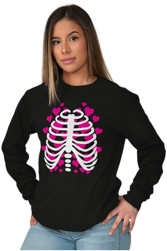 Halloween Skeleton Rib Cage Hearts Women Plus Size Long Sleeve Graphic Tee Brisco Brands 3X