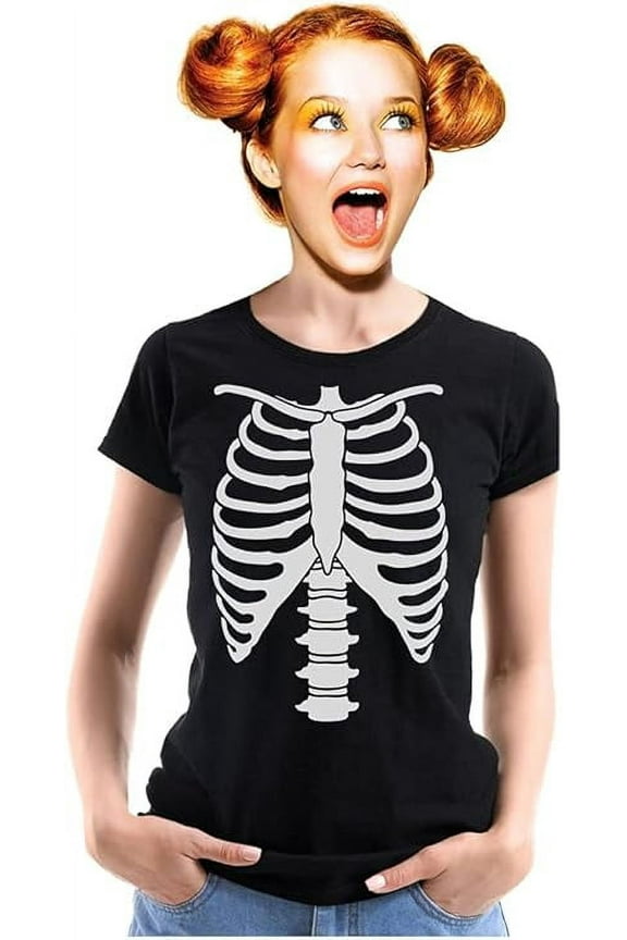 Women's Halloween Skeleton Rib Cage T-Shirt – Spooky Skull Hands Top, Perfect for Halloween Parties and Costumes