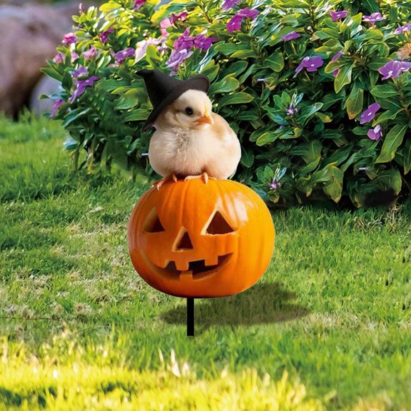 Halloween Skeleton Riding Chicken Yard Stake - Metal Ground Plug Garden Decor Garden Set - Whimsical Chicken & Pumpkin Lawn Ornament for Outdoor Patio