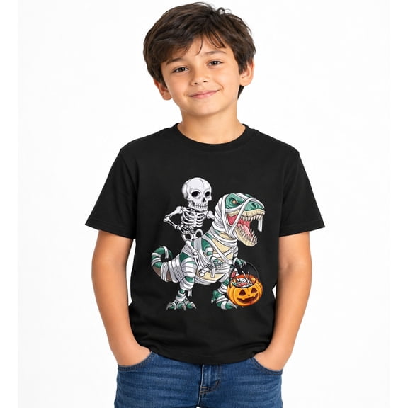 Halloween Skeleton Riding Dinosaur with Pumpkin Graphic T-Shirt for Boys, Fun Spooky Short Sleeve Shirt for Fall