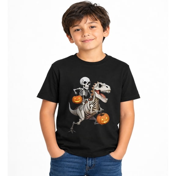 Halloween Skeleton Riding Dinosaur with Pumpkins T-Shirt for Boys, Cute Graphic Short Sleeve Shirt for Autumn Seasonal Wear