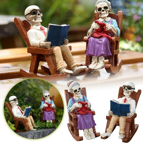 Halloween Skeleton Rocking Chair Decor - 2-Pack Resin Elderly Couple Statues for Indoor/Outdoor Display, Spooky Tabletop & Fairy Garden Accessories, Miniature Ornament Gift