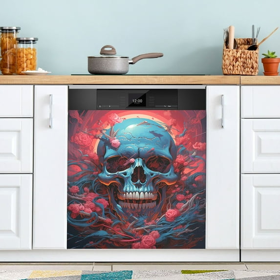 Halloween Skeleton with Rose Flowers Dishwasher Magnet Cover Magnetic Dishwasher Refrigerator Sticker Door Home Decorative Art Kitchen Panel Decal 23x26 Inch