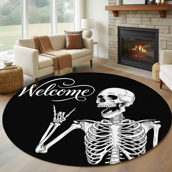 Halloween Skeleton Round Area Rug 7Ft Washable Circle Rugs for Dorm Laundry Room, Fall Spooky Horror Skull Black Non-Slip Carpet Floor Mats Indoor Outdoor Carpet Runner Aesthetic Home Decor